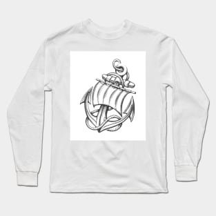 Ship Anchor with Sail and Ropes Tattoo drawn in Engraving Style. Long Sleeve T-Shirt